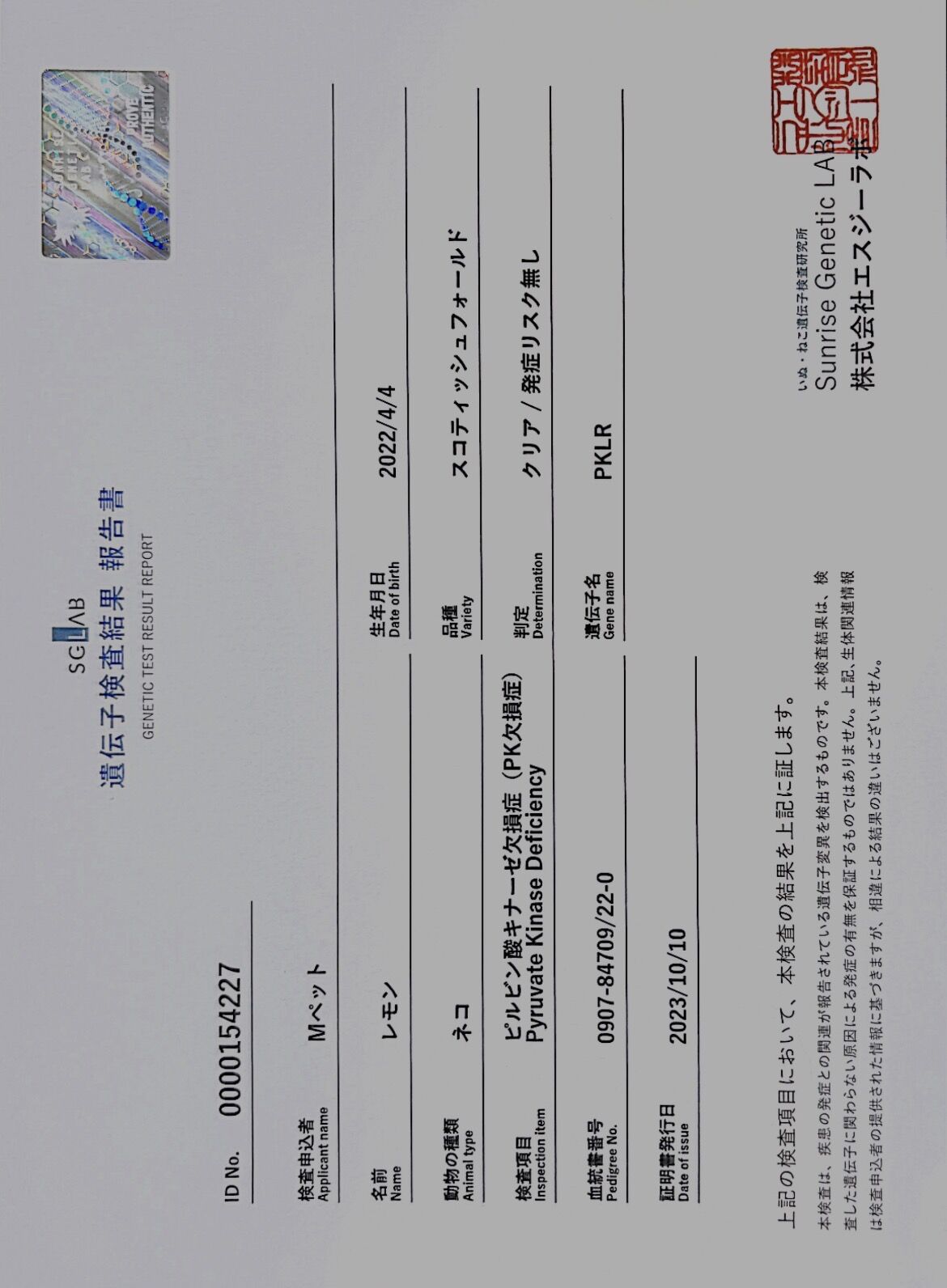 遺伝子検査結果
